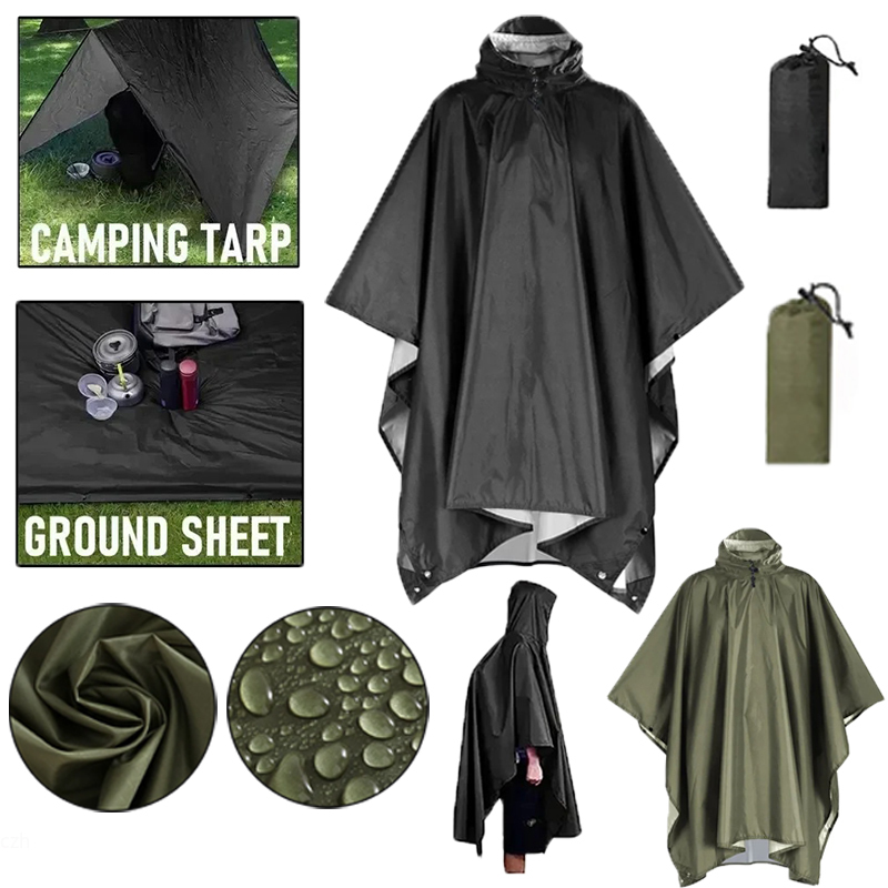 Camping Rain Poncho - Outdoor 3 In 1 Military Raincoat